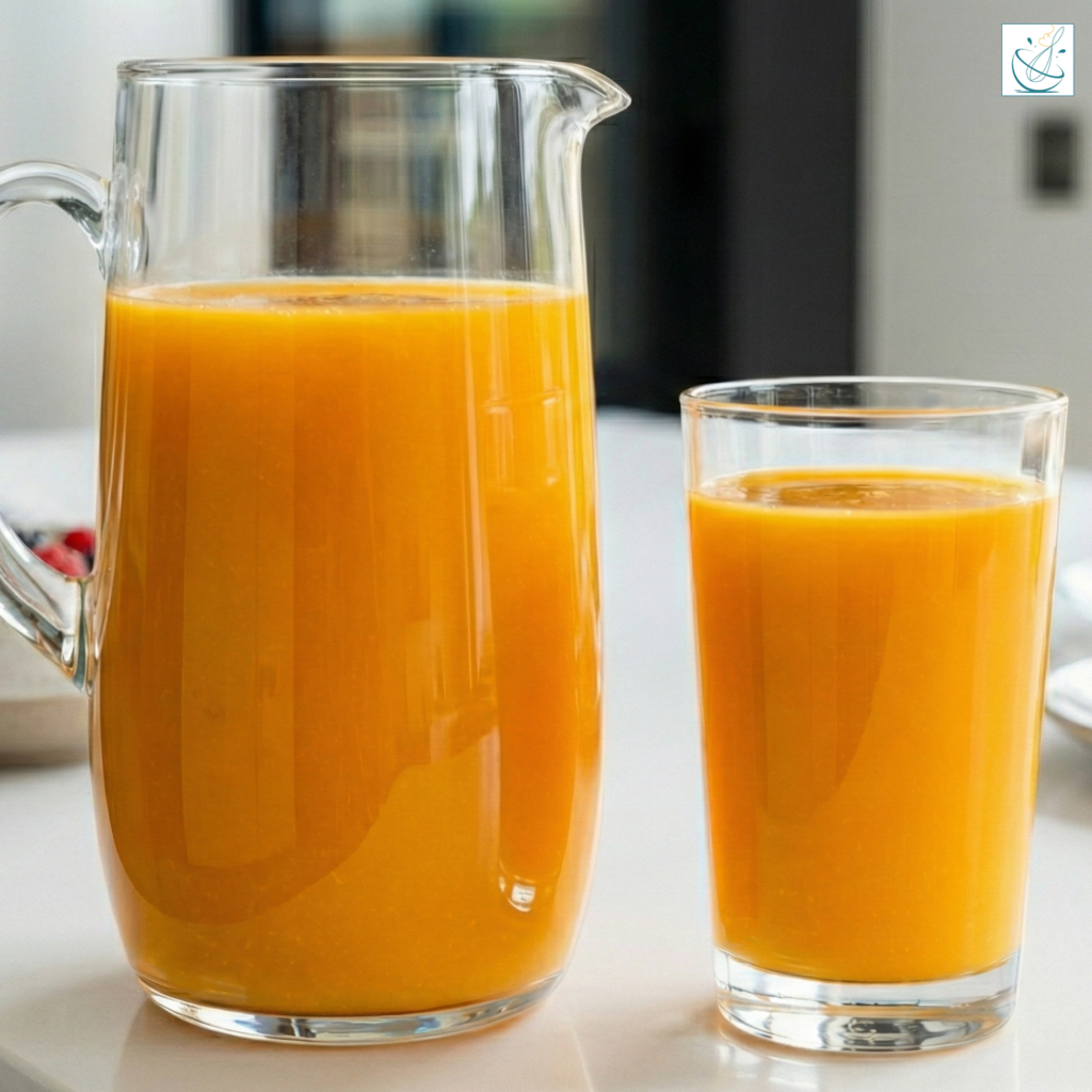 O carafă mare din sticlă și un pahar plin cu o băutură multivitamină densă, de un portocaliu vibrant, preparată din dovleac, morcovi și portocale, pe un fundal luminos de bucătărie.