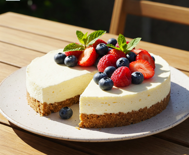Un cheesecake fin pe blat de biscuiți, decorat cu căpșuni, afine, zmeură și mentă proaspătă, prezentat pe o farfurie albă într-un decor însorit de grădină.