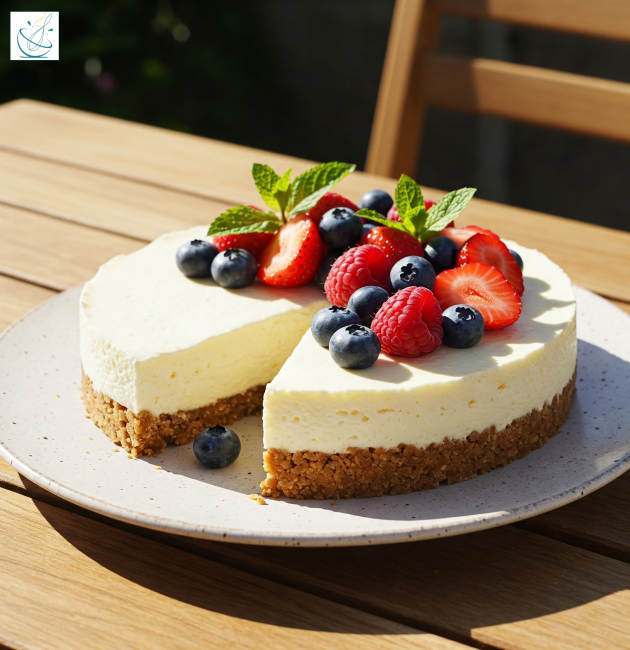 Un cheesecake fin pe blat de biscuiți, decorat cu căpșuni, afine, zmeură și mentă proaspătă, prezentat pe o farfurie albă într-un decor însorit de grădină.