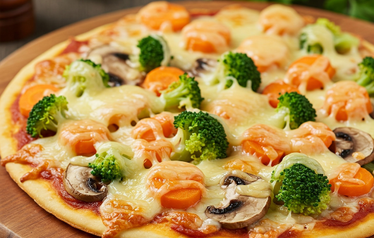 O pizza rotundă cu blat auriu, acoperită cu brânză topită, buchețele de broccoli verde, rondele de morcov și felii de ciuperci, servită pe un fund de lemn.