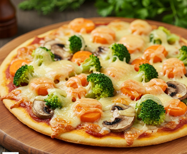 O pizza rotundă cu blat auriu, acoperită cu brânză topită, buchețele de broccoli verde, rondele de morcov și felii de ciuperci, servită pe un fund de lemn.