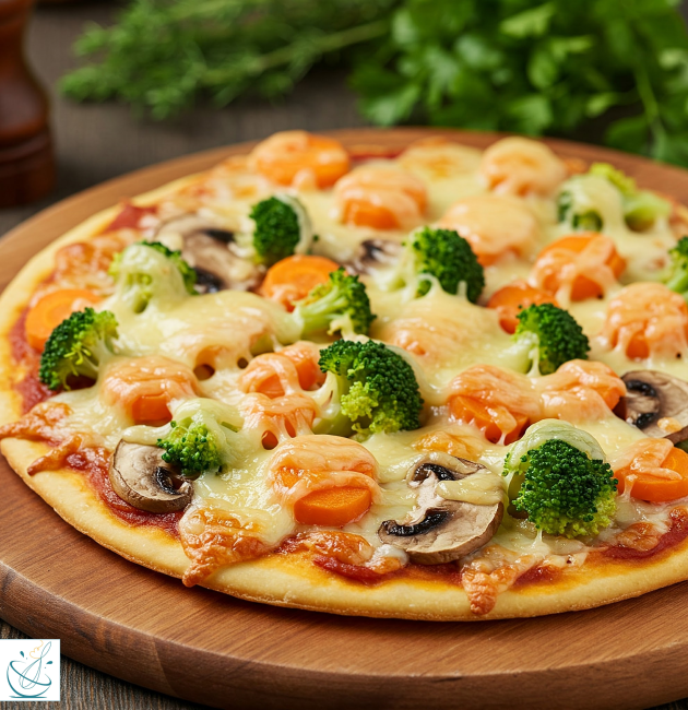 O pizza rotundă cu blat auriu, acoperită cu brânză topită, buchețele de broccoli verde, rondele de morcov și felii de ciuperci, servită pe un fund de lemn.
