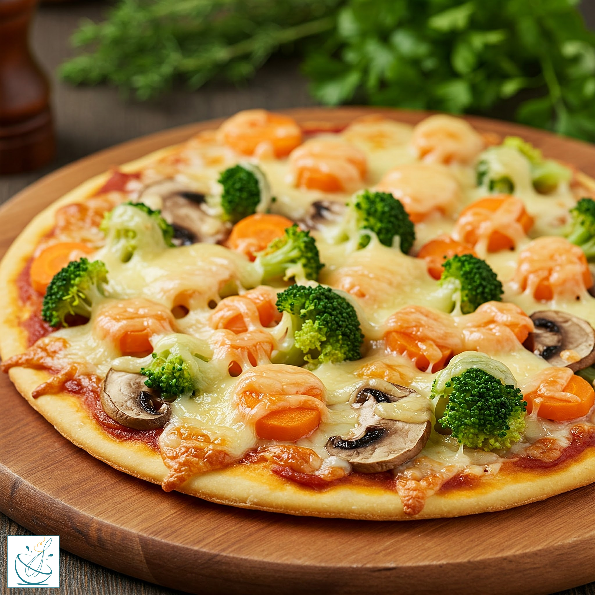 O pizza rotundă cu blat auriu, acoperită cu brânză topită, buchețele de broccoli verde, rondele de morcov și felii de ciuperci, servită pe un fund de lemn.