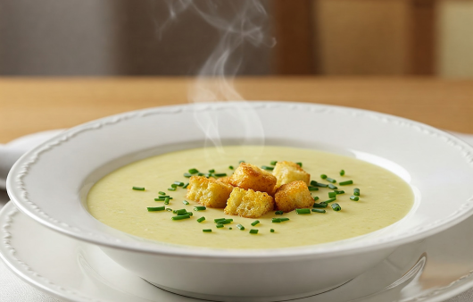 O farfurie adâncă cu supă cremă de praz de un verde pal, decorată cu crutoane crocante și ceapă verde tocată, din care se ridică aburi calzi.