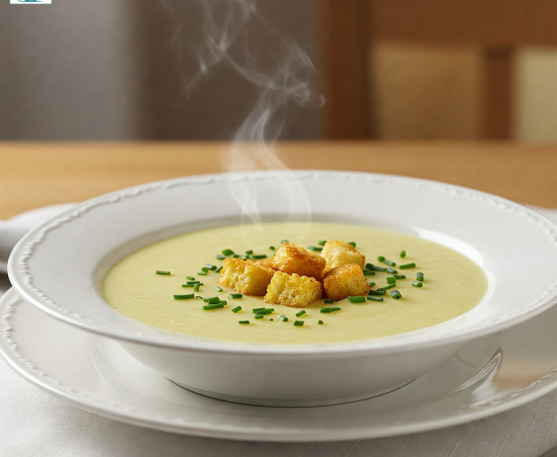 O farfurie adâncă cu supă cremă de praz de un verde pal, decorată cu crutoane crocante și ceapă verde tocată, din care se ridică aburi calzi.