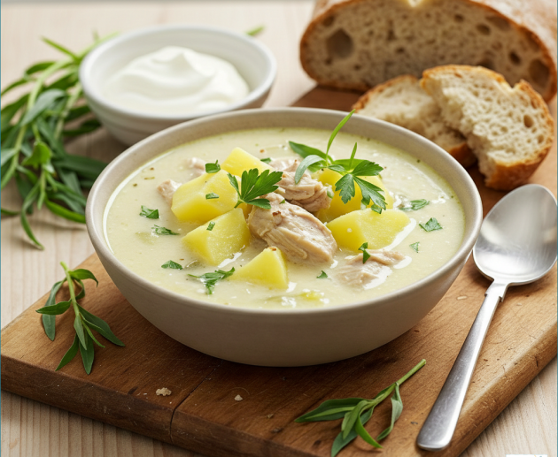 Un bol cu supă cremoasă de cartofi și bucățele de pui, servit pe un fund de lemn alături de pâine proaspătă, smântână și crenguțe de tarhon.