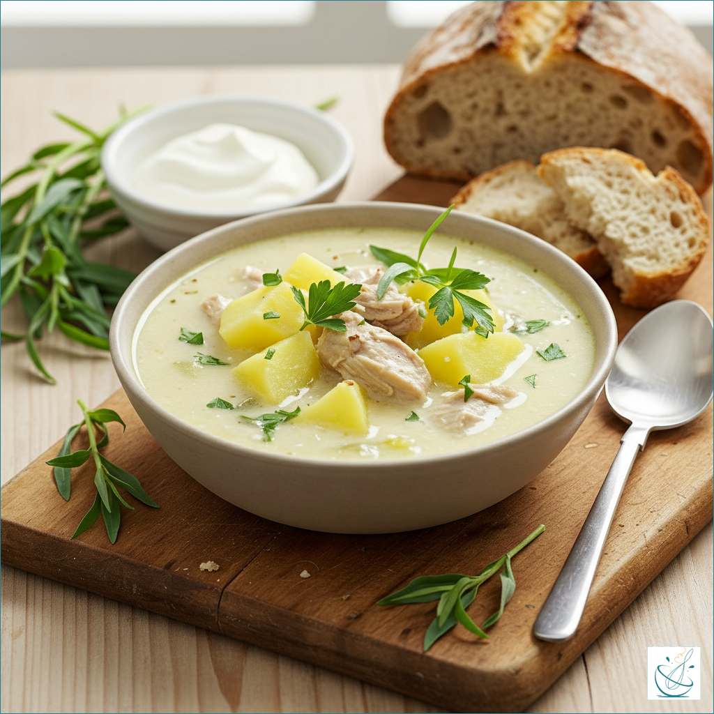 Un bol cu supă cremoasă de cartofi și bucățele de pui, servit pe un fund de lemn alături de pâine proaspătă, smântână și crenguțe de tarhon.