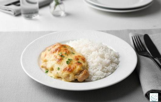 O porție de piept de pui gratinat cu o crustă aurie de cașcaval, servită alături de orez alb simplu pe o farfurie albă, cu tacâmuri negre pe un fundal minimalist.