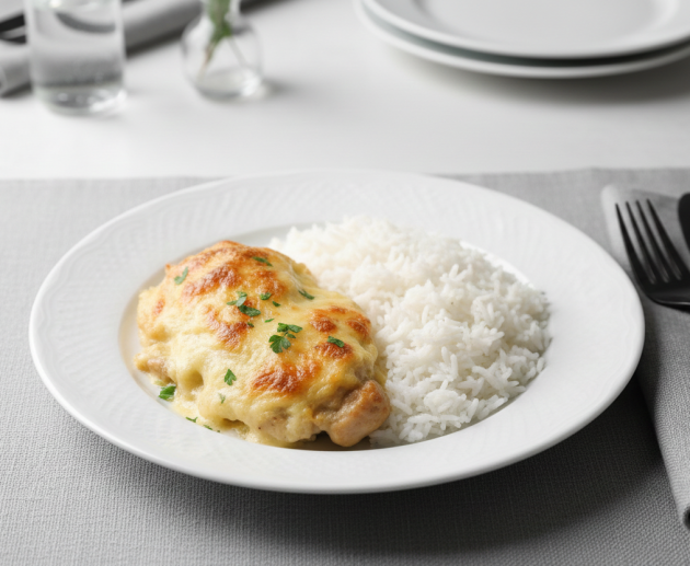 O porție de piept de pui gratinat cu o crustă aurie de cașcaval, servită alături de orez alb simplu pe o farfurie albă, cu tacâmuri negre pe un fundal minimalist.