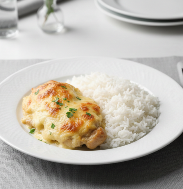 O porție de piept de pui gratinat cu o crustă aurie de cașcaval, servită alături de orez alb simplu pe o farfurie albă, cu tacâmuri negre pe un fundal minimalist.