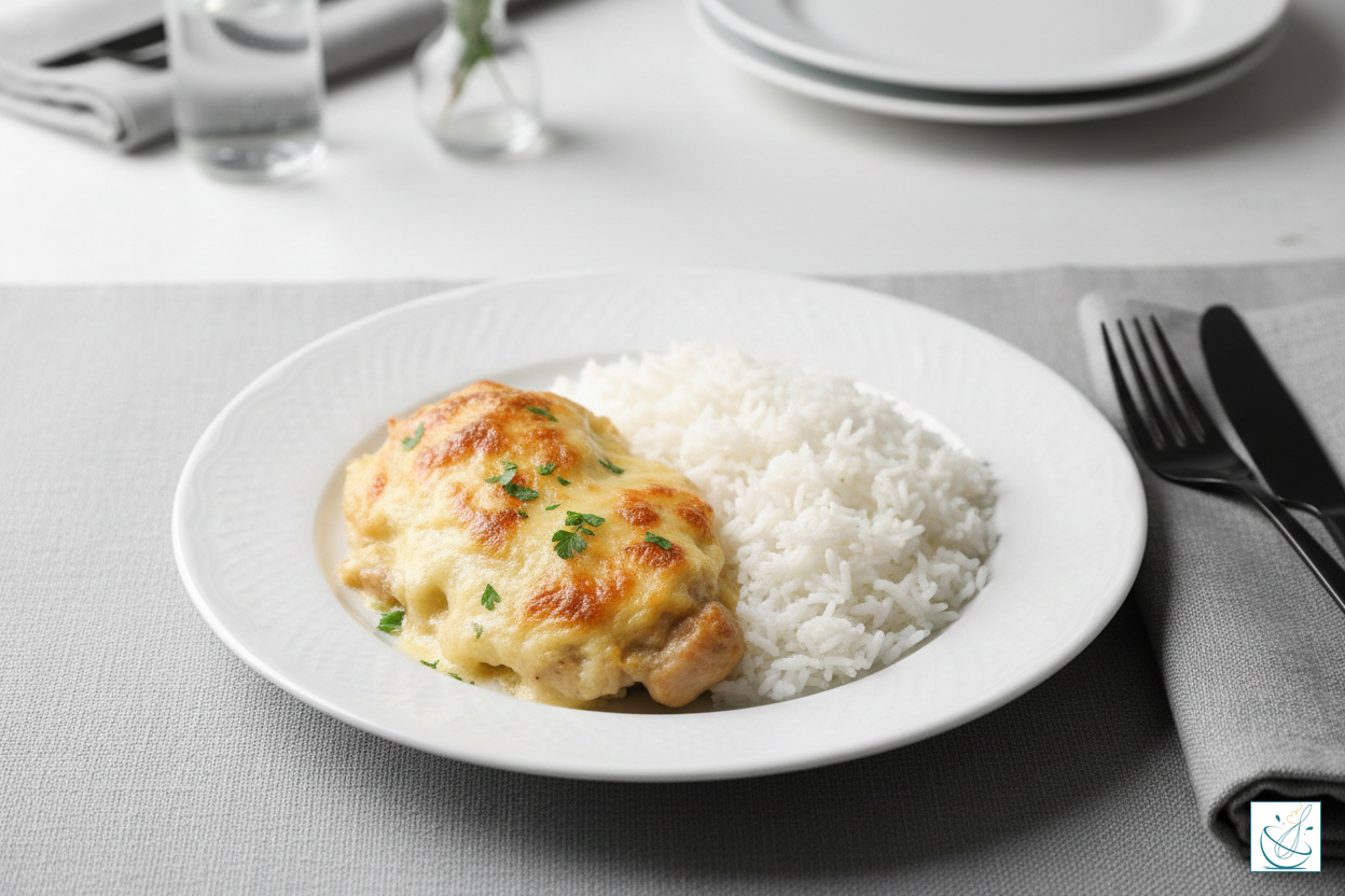 O porție de piept de pui gratinat cu o crustă aurie de cașcaval, servită alături de orez alb simplu pe o farfurie albă, cu tacâmuri negre pe un fundal minimalist.