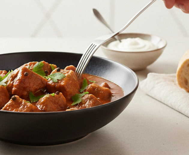 Un bol negru adânc plin cu tocăniță de porc în sos roșu bogat, decorată cu pătrunjel, lângă felii de pâine proaspătă și un bol mic cu smântână, pe un fundal luminos.