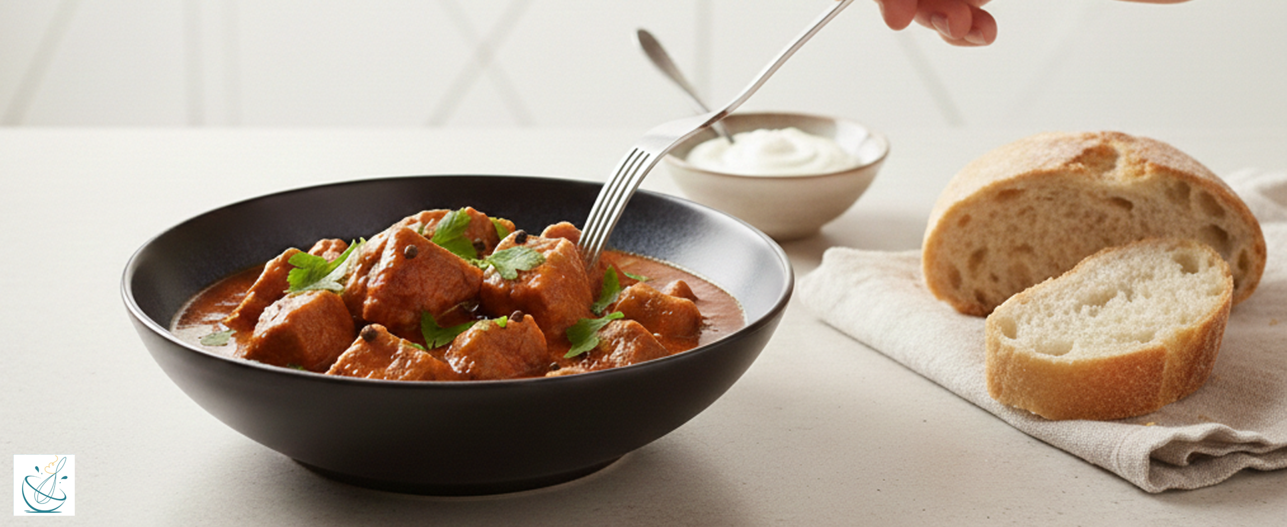 Un bol negru adânc plin cu tocăniță de porc în sos roșu bogat, decorată cu pătrunjel, lângă felii de pâine proaspătă și un bol mic cu smântână, pe un fundal luminos.