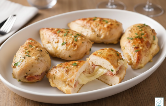 Un platou oval alb cu cinci porții de piept de pui auriu, umplute cu șuncă și brânză topită. O bucată este tăiată în jumătate, lăsând să se vadă brânza topită care se întinde, pe un fundal rustic de lemn.