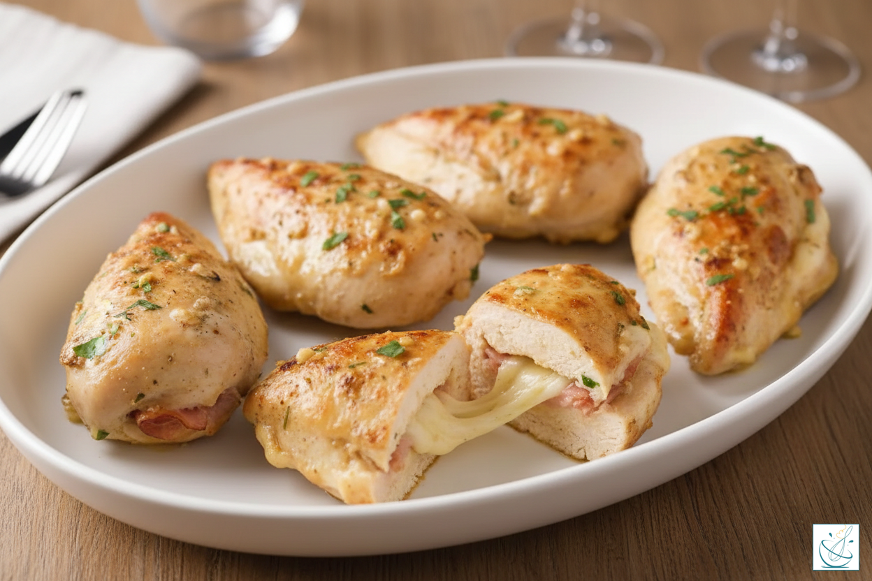 Un platou oval alb cu cinci porții de piept de pui auriu, umplute cu șuncă și brânză topită. O bucată este tăiată în jumătate, lăsând să se vadă brânza topită care se întinde, pe un fundal rustic de lemn.