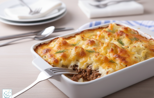 O tavă dreptunghiulară albă plină cu conopidă gratinată și carne tocată, prezentând o crustă aurie de brânză topită și decorată cu mărar proaspăt, așezată pe o masă cu tacâmuri în fundal.