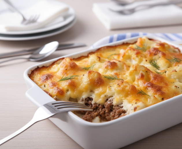 O tavă dreptunghiulară albă plină cu conopidă gratinată și carne tocată, prezentând o crustă aurie de brânză topită și decorată cu mărar proaspăt, așezată pe o masă cu tacâmuri în fundal.