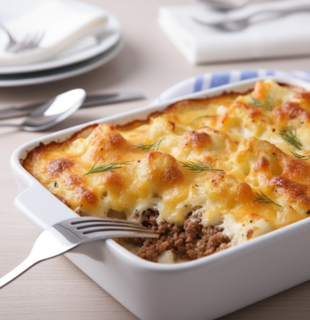 O tavă dreptunghiulară albă plină cu conopidă gratinată și carne tocată, prezentând o crustă aurie de brânză topită și decorată cu mărar proaspăt, așezată pe o masă cu tacâmuri în fundal.
