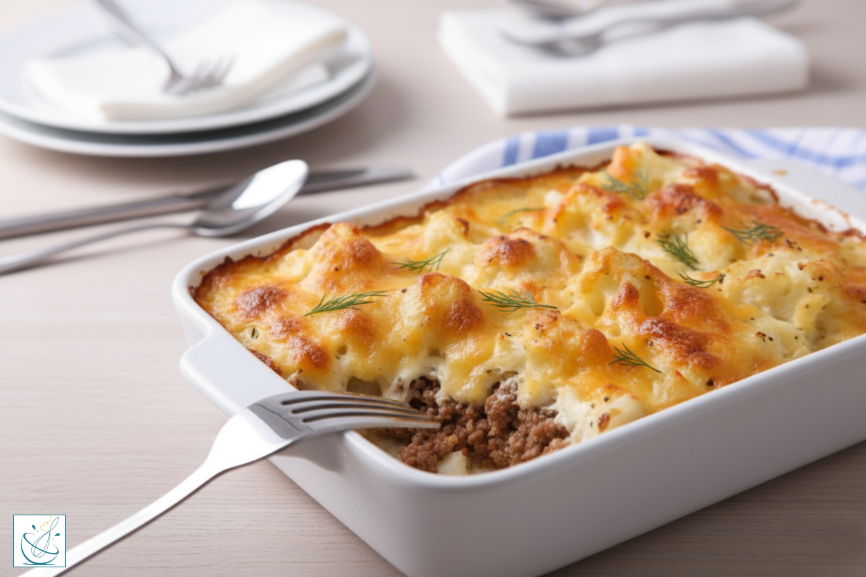 O tavă dreptunghiulară albă plină cu conopidă gratinată și carne tocată, prezentând o crustă aurie de brânză topită și decorată cu mărar proaspăt, așezată pe o masă cu tacâmuri în fundal.