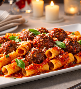 Rigatoni cu chiftele și sos Arrabbiata – paste italiene autentice