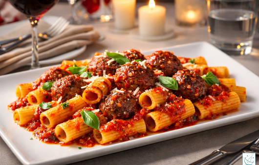 Un platou dreptunghiular plin cu paste rigatoni, chiftele rumenite și sos roșu Arrabbiata, presărate cu parmezan și busuioc proaspăt, într-un cadru cald cu lumânări aprinse și un pahar cu vin.