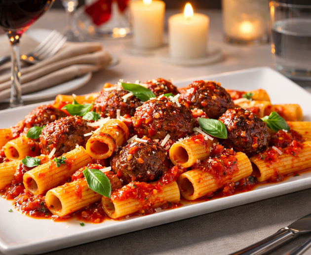 Un platou dreptunghiular plin cu paste rigatoni, chiftele rumenite și sos roșu Arrabbiata, presărate cu parmezan și busuioc proaspăt, într-un cadru cald cu lumânări aprinse și un pahar cu vin.