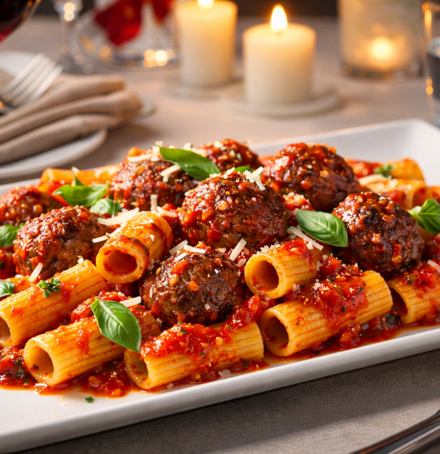 Un platou dreptunghiular plin cu paste rigatoni, chiftele rumenite și sos roșu Arrabbiata, presărate cu parmezan și busuioc proaspăt, într-un cadru cald cu lumânări aprinse și un pahar cu vin.