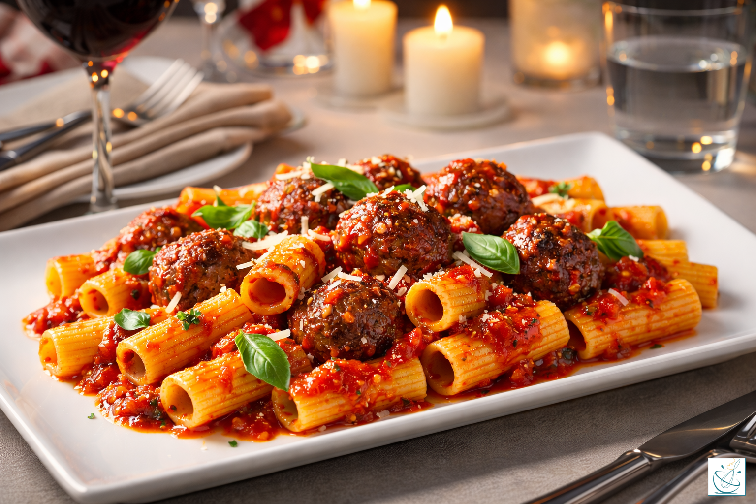 Un platou dreptunghiular plin cu paste rigatoni, chiftele rumenite și sos roșu Arrabbiata, presărate cu parmezan și busuioc proaspăt, într-un cadru cald cu lumânări aprinse și un pahar cu vin.