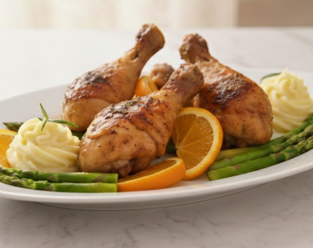 Trei pulpe de pui rumenite, servite pe un platou alb cu felii de portocală proaspătă, tulpini de sparanghel verde și două porții de piure de cartofi cremos.