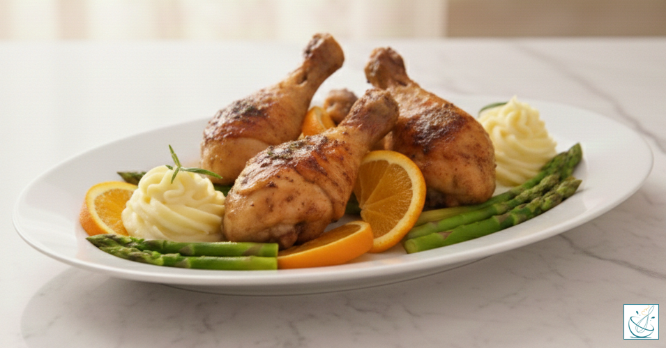 Trei pulpe de pui rumenite, servite pe un platou alb cu felii de portocală proaspătă, tulpini de sparanghel verde și două porții de piure de cartofi cremos.