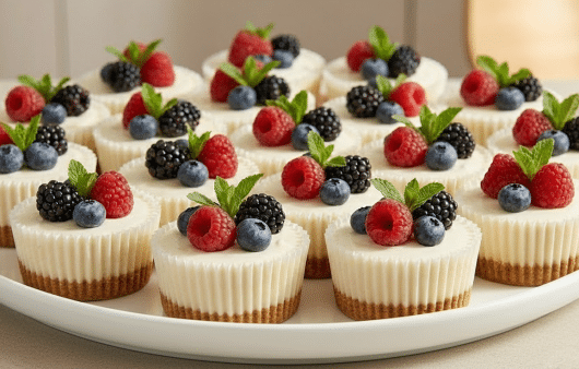 Un platou alb plin cu mini cheesecake-uri, fiecare având un blat auriu, cremă fină albă și un decor bogat din zmeură, mure, afine și mentă proaspătă.