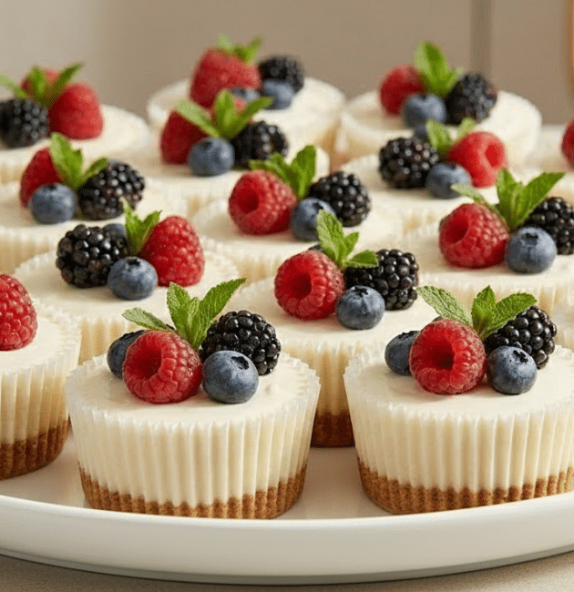 Un platou alb plin cu mini cheesecake-uri, fiecare având un blat auriu, cremă fină albă și un decor bogat din zmeură, mure, afine și mentă proaspătă.