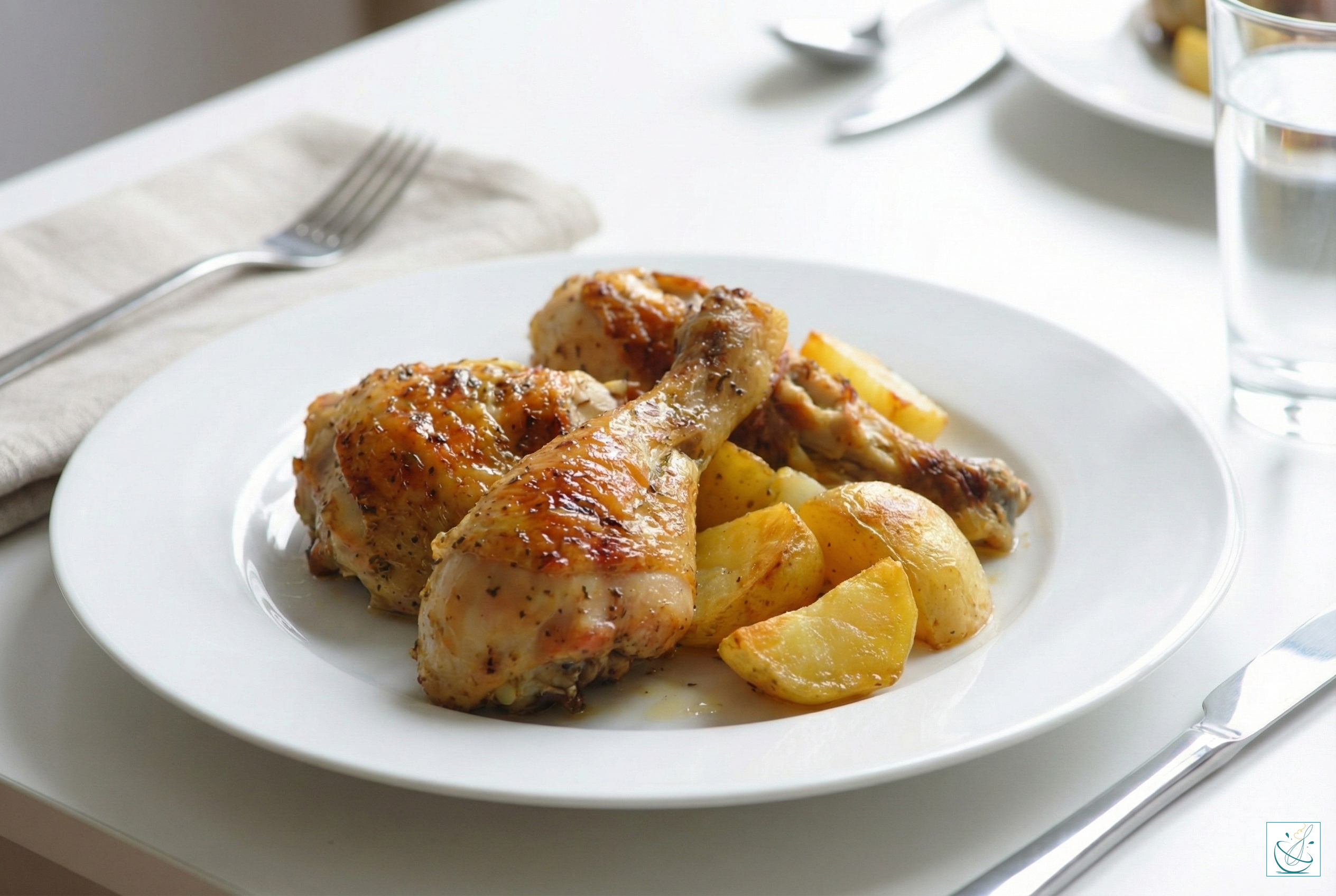 O porție apetisantă de copănele de pui la cuptor cu piele crocantă și condimentată, servite alături de cartofi rumeniți aurii pe o farfurie albă, într-un cadru luminos de masă.