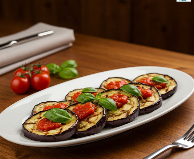 Șase felii de vinete rumenite la grătar, așezate pe un platou alb oval, fiecare fiind decorată cu sos de roșii roșu intens și o frunză de busuioc proaspăt.