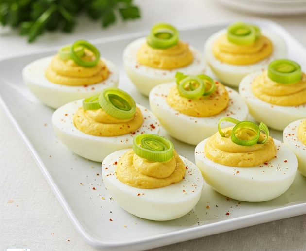 Nouă jumătăți de ouă umplute cu o pastă fină de gălbenuș, așezate pe un platou alb, decorate cu rondele de praz și boia de ardei.