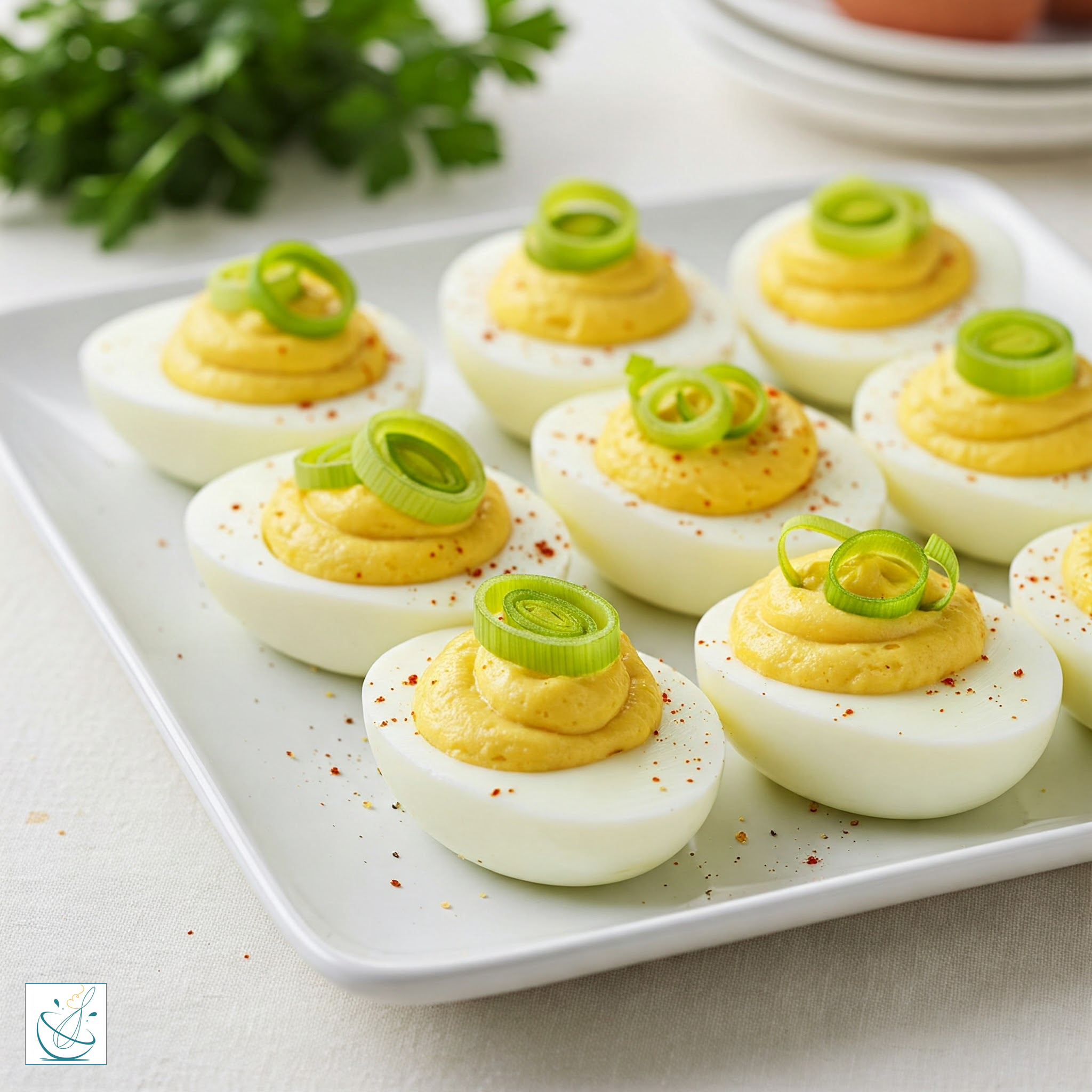 Nouă jumătăți de ouă umplute cu o pastă fină de gălbenuș, așezate pe un platou alb, decorate cu rondele de praz și boia de ardei.