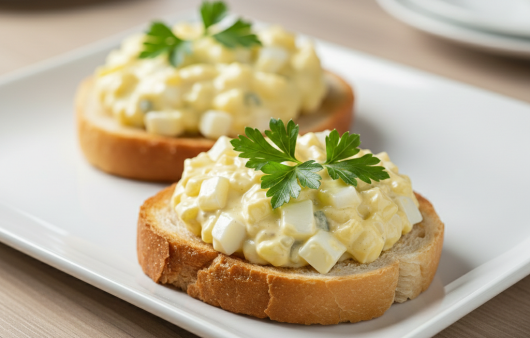 Două felii de pâine prăjită acoperite cu o porție generoasă de salată de ouă cremoasă, decorate cu frunze de pătrunjel proaspăt, servite pe un platou alb pătrat.