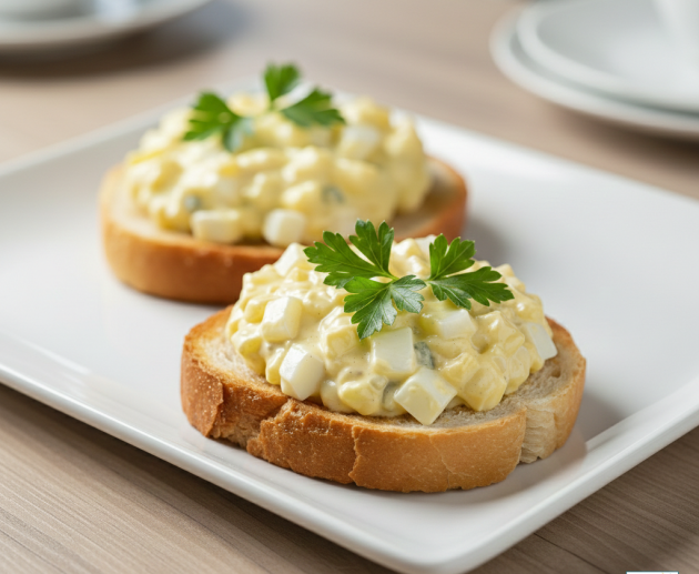 Două felii de pâine prăjită acoperite cu o porție generoasă de salată de ouă cremoasă, decorate cu frunze de pătrunjel proaspăt, servite pe un platou alb pătrat.