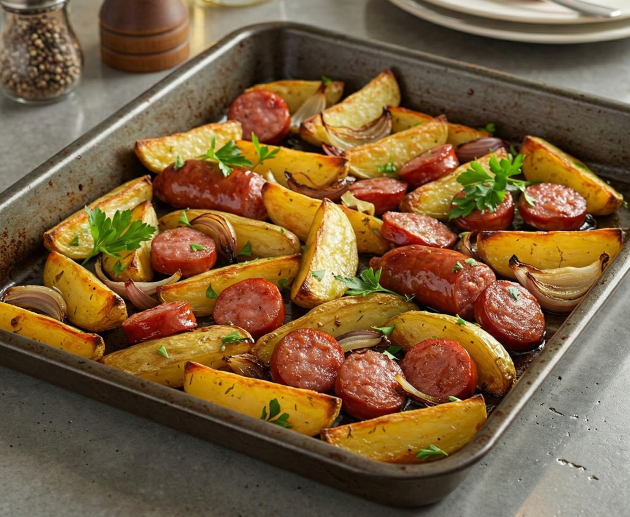 O tavă metalică plină cu felii de cartofi aurii la cuptor, rondele de cârnați rumeniți și ceapă roșie, decorată cu frunze proaspete de pătrunjel.