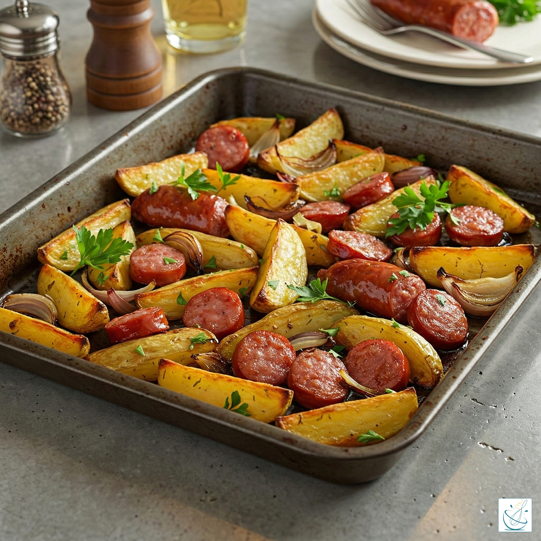 O tavă metalică plină cu felii de cartofi aurii la cuptor, rondele de cârnați rumeniți și ceapă roșie, decorată cu frunze proaspete de pătrunjel.