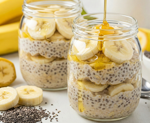 Două borcane de sticlă pline cu budincă de chia și ovăz, stratificate cu felii de banană și miere lichidă, pe o masă albă cu semințe de chia presărate.