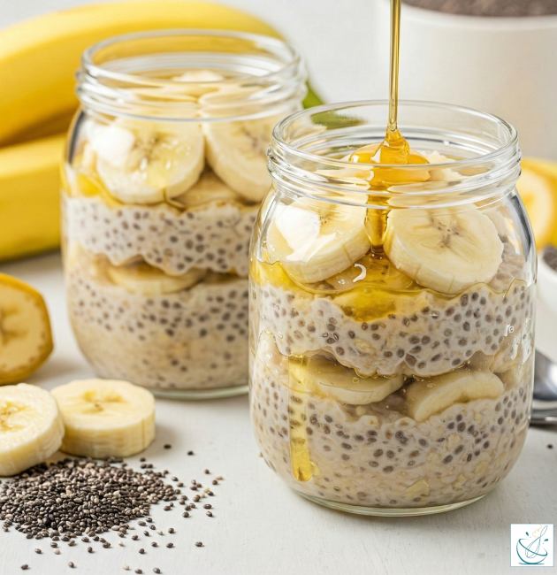 Două borcane de sticlă pline cu budincă de chia și ovăz, stratificate cu felii de banană și miere lichidă, pe o masă albă cu semințe de chia presărate.