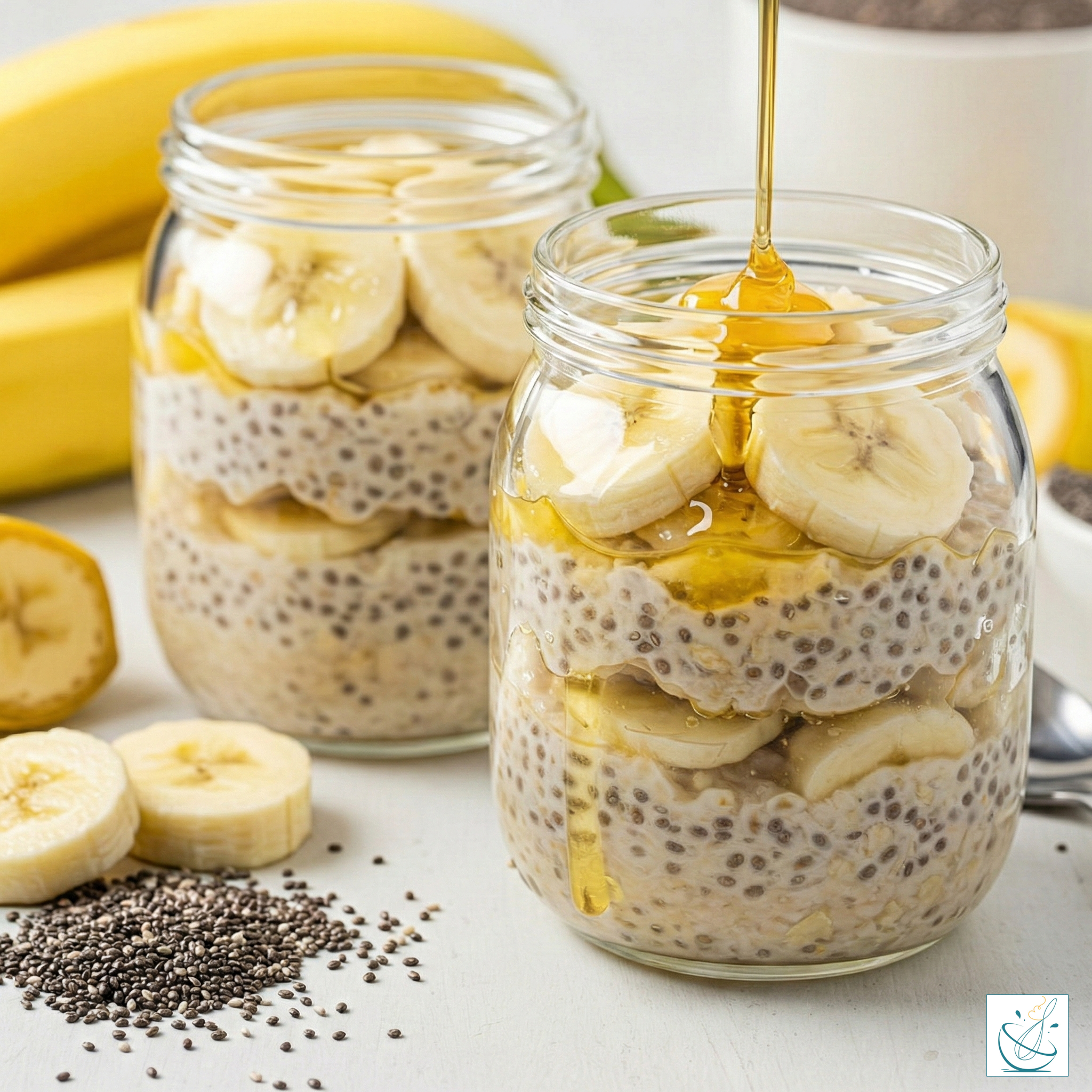 Două borcane de sticlă pline cu budincă de chia și ovăz, stratificate cu felii de banană și miere lichidă, pe o masă albă cu semințe de chia presărate.