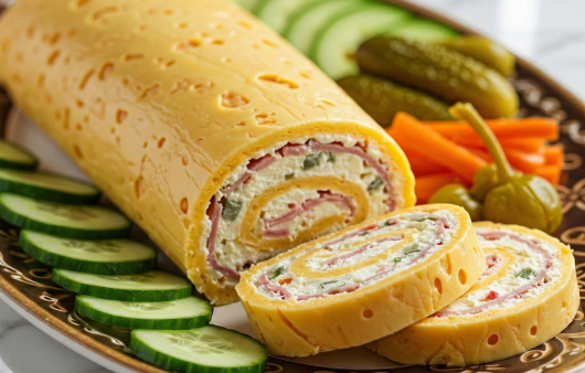 O ruladă de brânză galbenă cu găuri, umplută cu straturi de cremă albă, șuncă fină și legume, servită pe un platou decorat cu felii de castravete și murături.