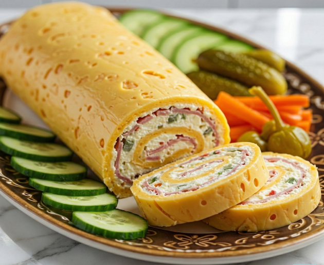 O ruladă de brânză galbenă cu găuri, umplută cu straturi de cremă albă, șuncă fină și legume, servită pe un platou decorat cu felii de castravete și murături.