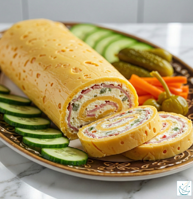 O ruladă de brânză galbenă cu găuri, umplută cu straturi de cremă albă, șuncă fină și legume, servită pe un platou decorat cu felii de castravete și murături.
