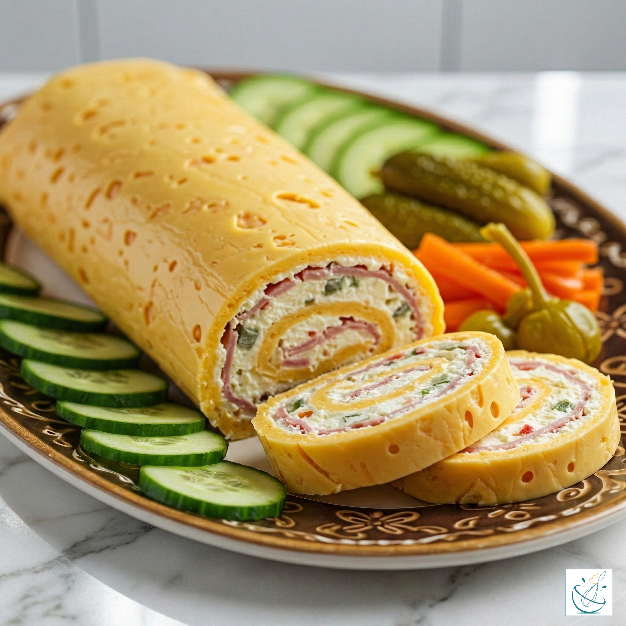 O ruladă de brânză galbenă cu găuri, umplută cu straturi de cremă albă, șuncă fină și legume, servită pe un platou decorat cu felii de castravete și murături.