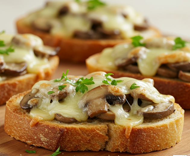 Patru sandvișuri calde pe felii de pâine rustică, acoperite cu felii de ciuperci brune și brânză topită elastică, decorate cu pătrunjel verde, pe un fund de lemn.
