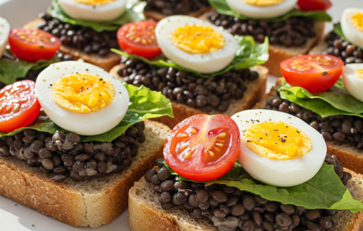 Mai multe felii de pâine integrală prăjită, acoperite cu un strat generos de linte neagră (caviar de linte), frunze verzi de salată, jumătăți de ou fiert și roșii cherry, aranjate pe un platou alb.