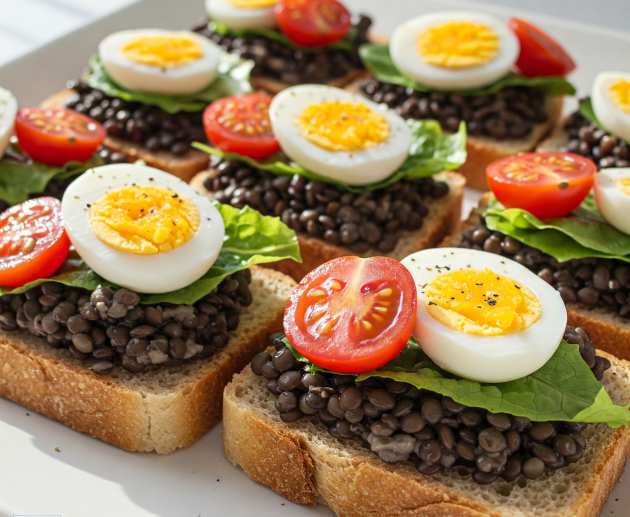 Mai multe felii de pâine integrală prăjită, acoperite cu un strat generos de linte neagră (caviar de linte), frunze verzi de salată, jumătăți de ou fiert și roșii cherry, aranjate pe un platou alb.